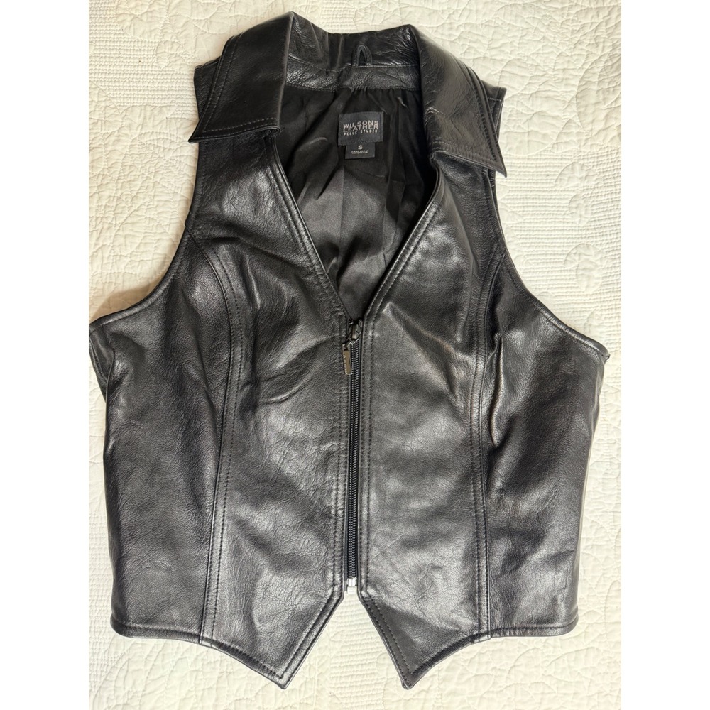 Wilsons Leather Pelle Studio Black Leather Zip Up Vest Small Pointed Collar